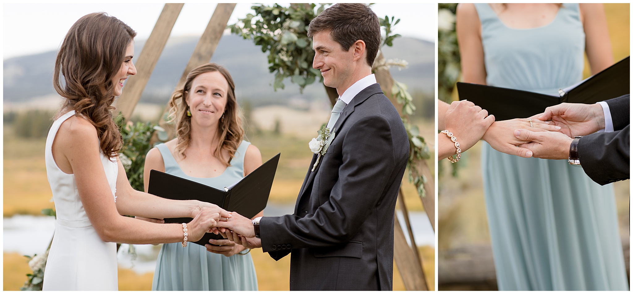 Exchanging of the rings at their small intimate wedding in Breckenridge Colorado