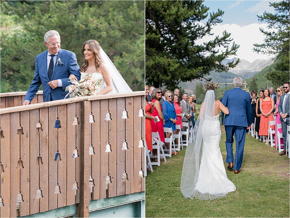 Father walking daughter down aisle on wedding island in Vail Colorado