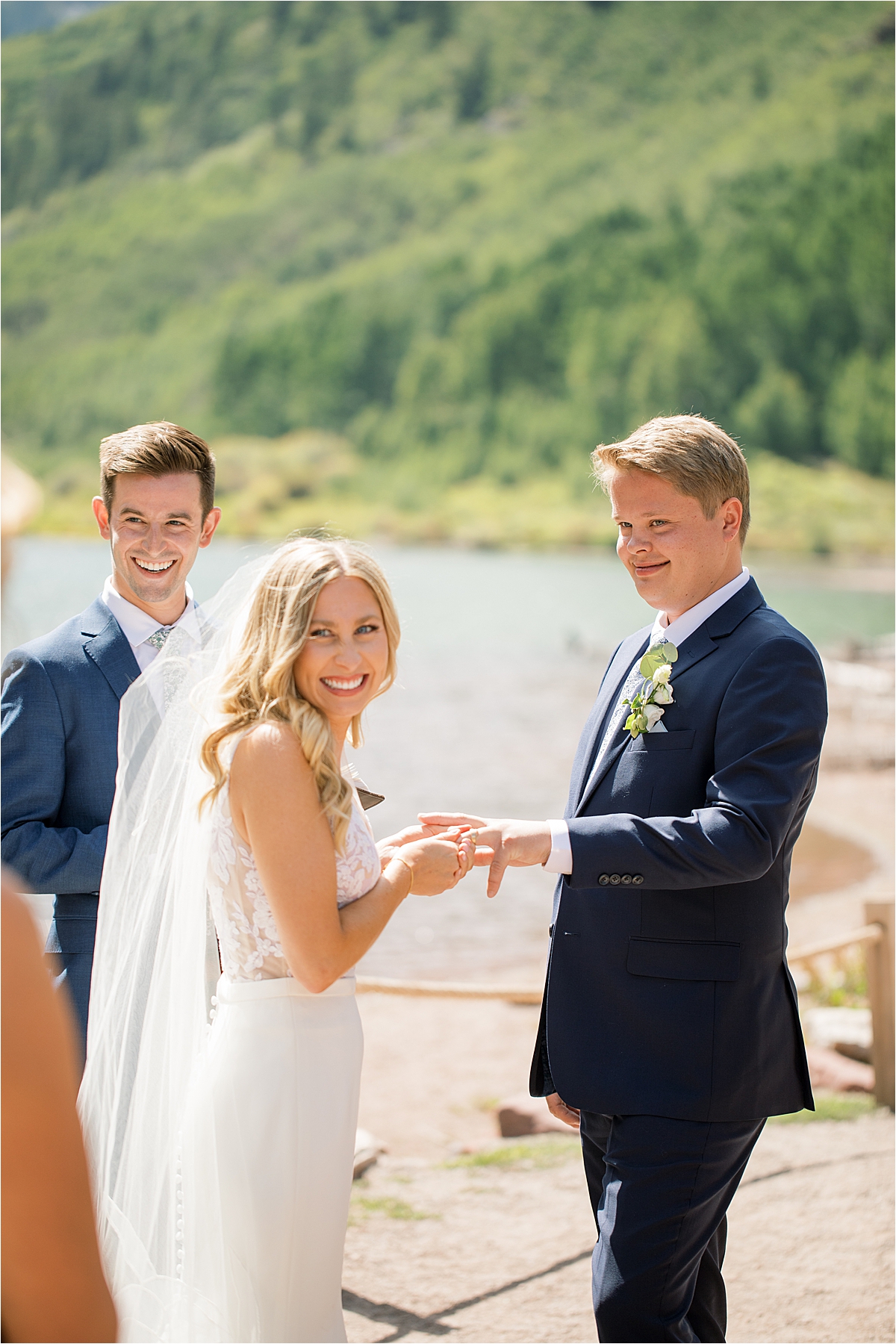 The ring ceremony at a small wedding at Maroon Bells Aspen