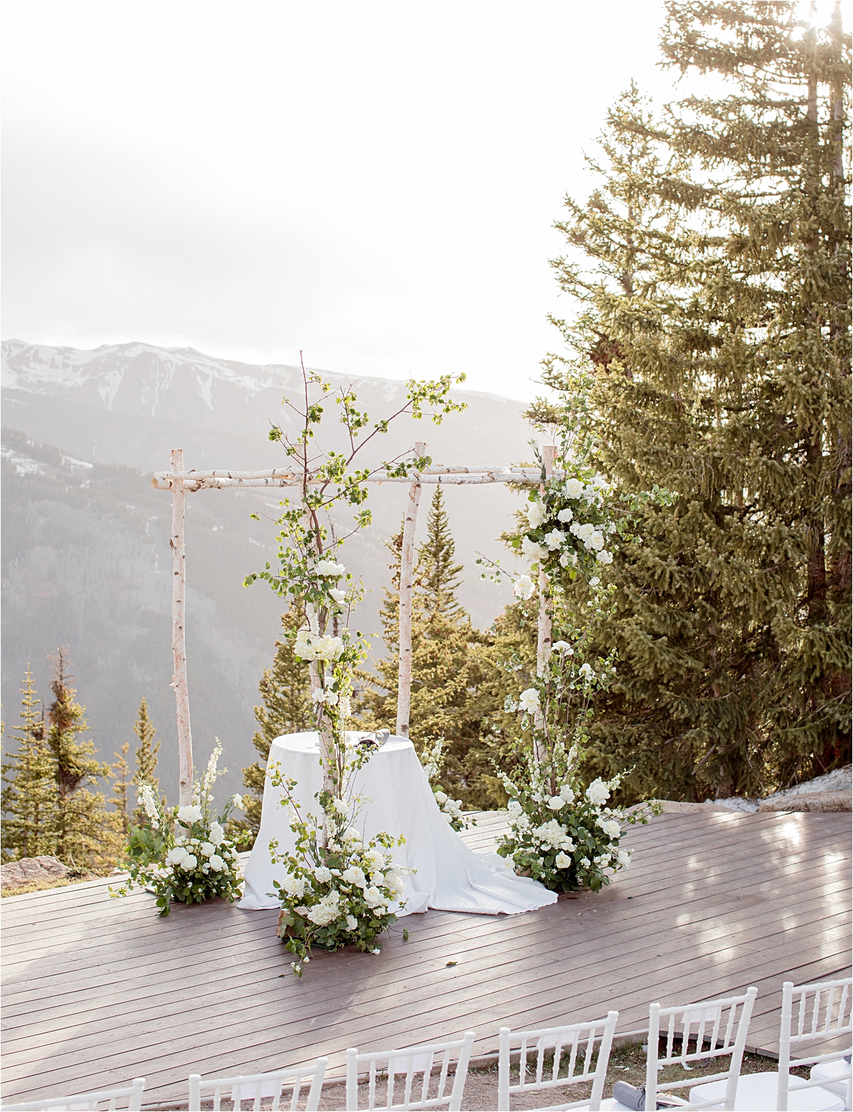Ceremony location at the Aspen Mountain Little Nell Wedding Deck mountain views