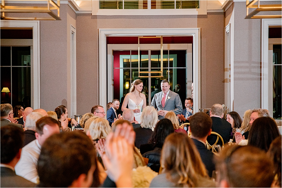 bride and groom make a welcome toast at wedding reception at the Aspen Mountain Club