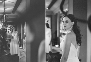 black and white grainy film images of bride getting ready in her Monique Lhuillier wedding gown