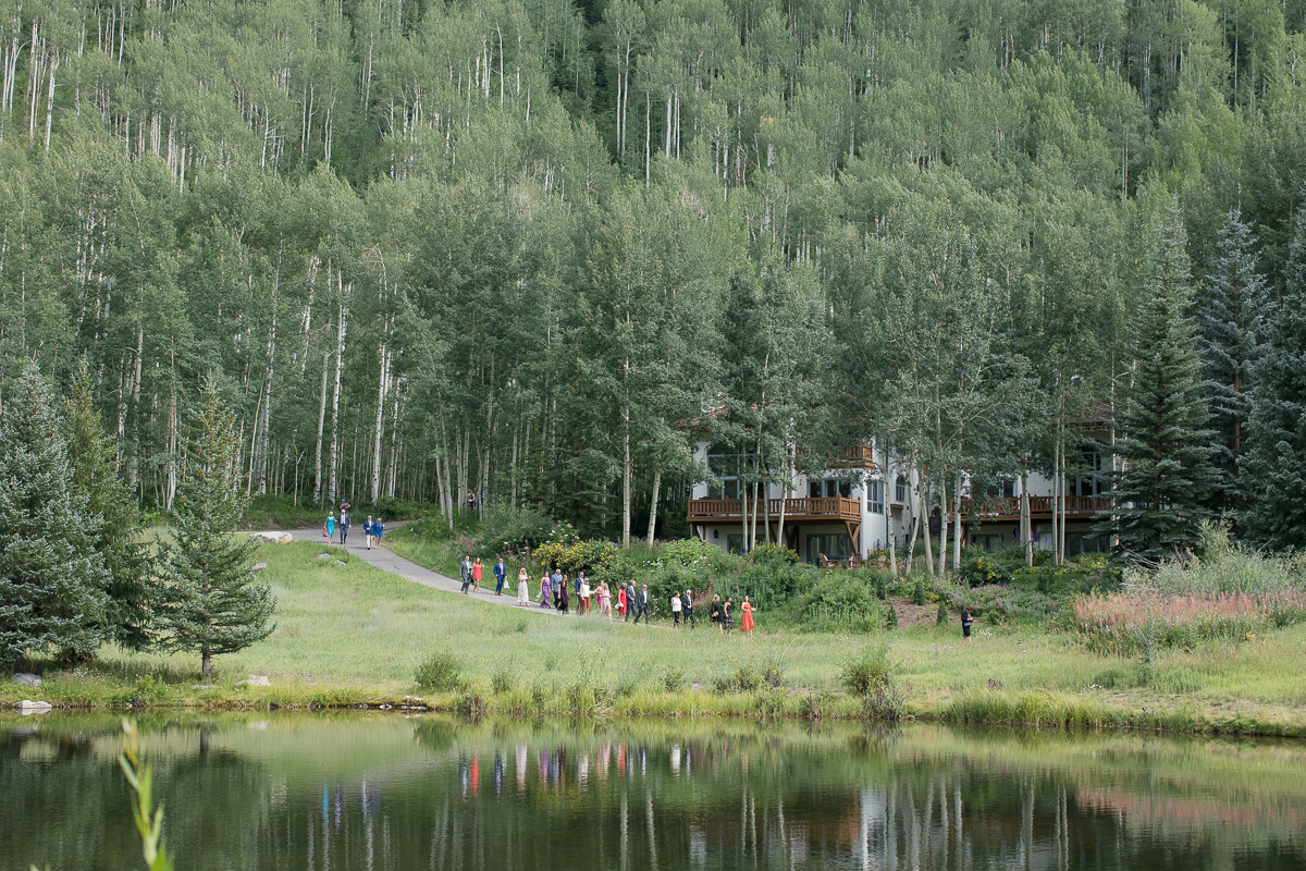 Guests arriving at Wedding Lake Island in Vail Colorado